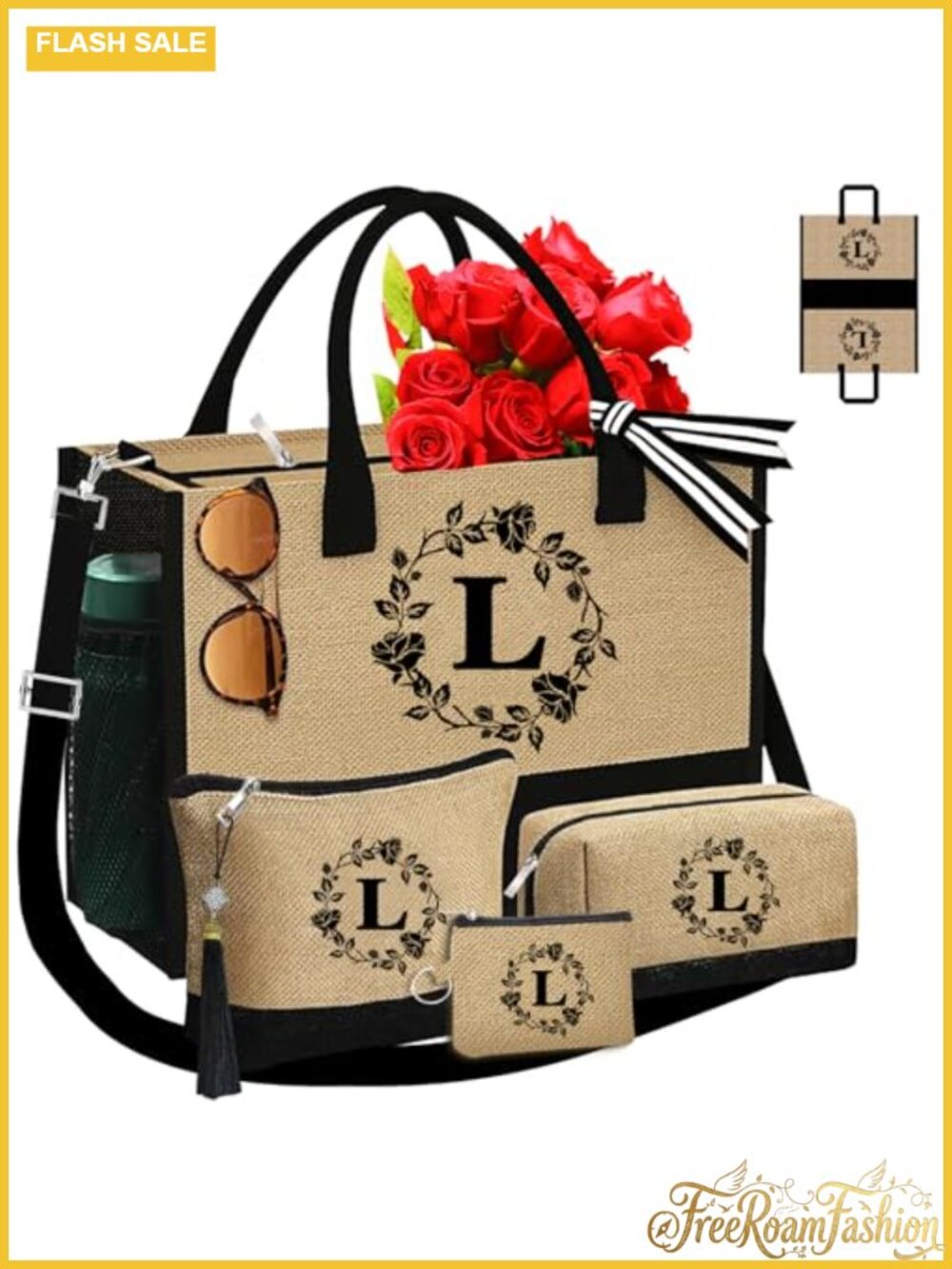 Jute Monogram Tote Bag Set 4pc Personalized Women's Gift
